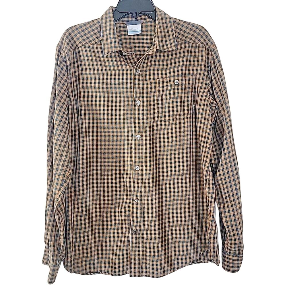 Columbia Men’s Flannel Shirt Medium Brown‎ Navy Plaid Long Sleeve Button Up Soft